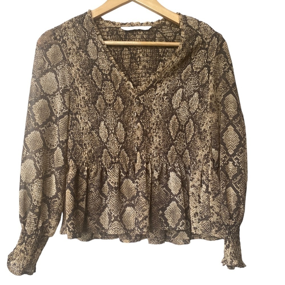 Zara Sheer Sleeve Snakeskin Animal Print V Neck Peplum Blouse Top Shirt